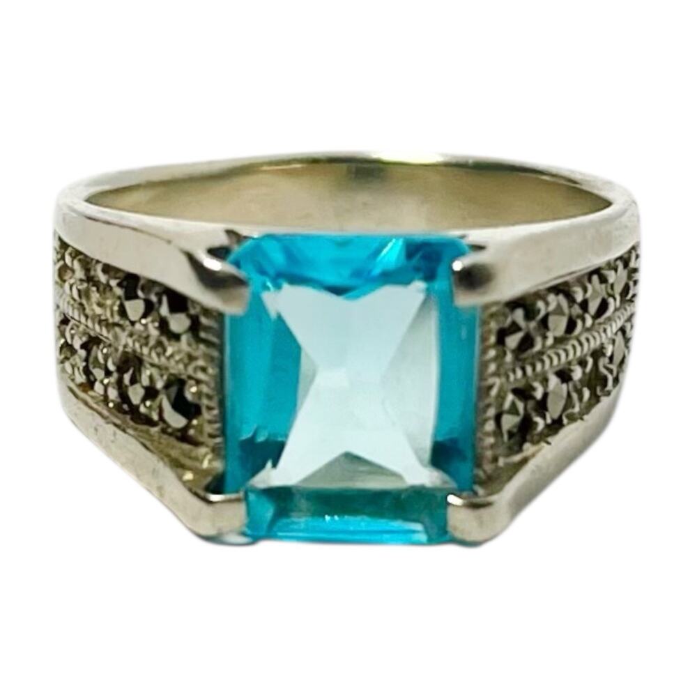 1970s Vintage .925 Sterling Silver Aquamarine & Marcasite Ring Size 7.5